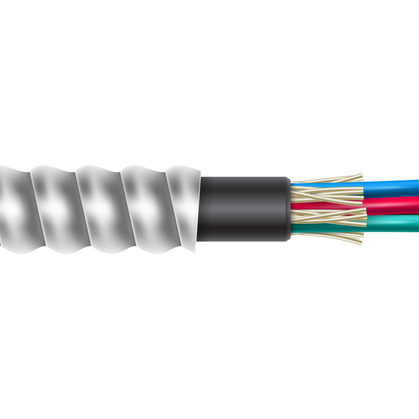 Fiber optic jacketed cable with interlocking armor structure isolated on white background. Vector realistic illustration.